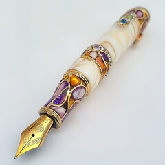 Luxurious Ornate Fountain Pen with Gemstone Accents. A detailed close-up showcasing intricate design and craftsmanship.