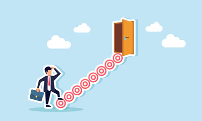 A businessman prepares to climb stairs formed by a row of target boards leading to a door, illustration of step by step in achieving business targets