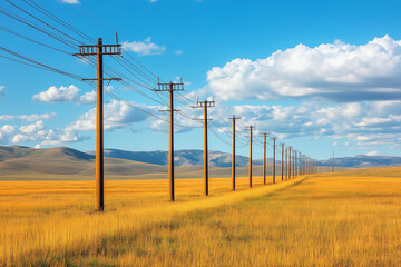 Obraz premium Power lines along a wide field under a bright sky