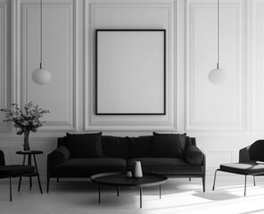 Monochrome living room with sofa, coffee table, and blank poster frame.