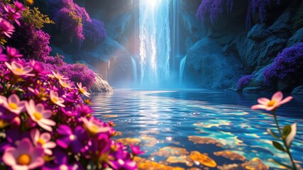 Waterfall in the forest, Enchanting Waterfall with Vibrant Flowers and Crystal-Clear Pool