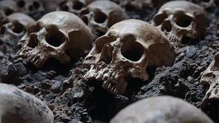 Collection of ancient human skulls displayed in a dark, textured environment highlighting historical significance