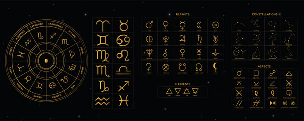 Mega Bundle Golden Pack complete Astrology wheel with astrological signs and their corresponding glyphs. Zodiac Signs elements with planets, constellations and aspects. Luxury elegant design vector © Isasoulart