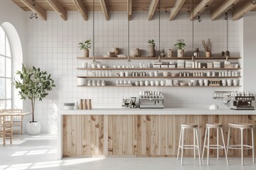 Ultra Hd Picture of White and Wooden Cafe Interior with Bar Counter