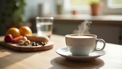 Steaming coffee cup on table with fruits and water