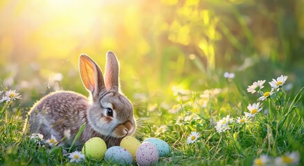 Easter bunny with speckled eggs in glowing grass and daisies under soft sunlight, perfect for spring ads, seasonal cards, Easter promotions, and festive campaigns