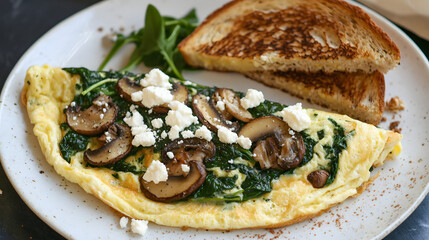 A spinach and mushroom omelette with feta cheese and a side of whole-grain toast.