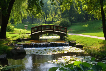 Wooden bridge over pond in lush green park