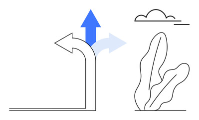Curved and straight arrows in black and blue symbolize decision paths. Accompanied by minimalistic plants and cloud graphics. Ideal for direction, choices, strategy, future, growth, innovation