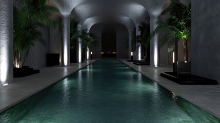 Fototapeta premium Elegant indoor pool, dark and modern ambiance, tropical feel. Lush greenery, sleek design. Subtle lighting accents. Pool stretches through the space