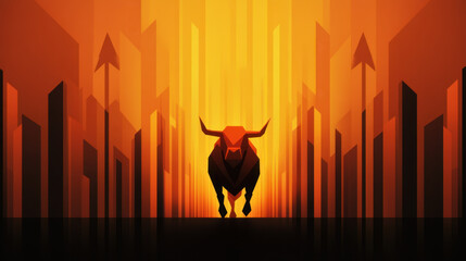 striking illustration of bull symbolizing booming stock market, set against vibrant orange background with upward arrows representing growth and optimism. design evokes sense of strength