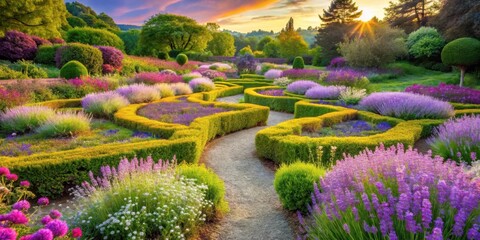 Serene Sunrise Illuminates a Picturesque Garden Path Winding Through Vibrant Floral Landscapes