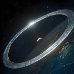 A massive ring structure orbiting the Earth, so large that its curvature dominates the sky.