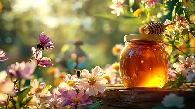 Golden Honey Jar in a Blooming Garden