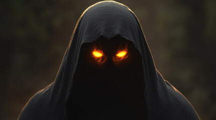 mysterious figure cloaked in darkness, with glowing orange eyes that evoke sense of intrigue and fear. shadowy presence creates eerie atmosphere, captivating viewer attention