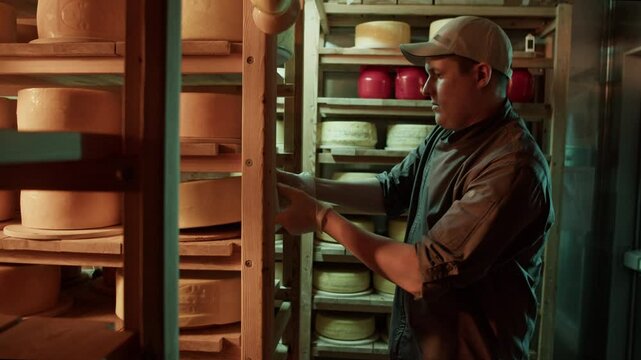 Man in cap flipping over old cheese in storage room