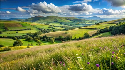 Fototapeta premium Rolling hills and green pastures with tall grasses and wildflowers in Ireland's countryside landscape