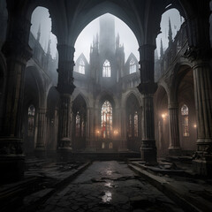 Fototapeta premium A gargantuan abandoned cathedral, its towering domes piercing through the misty clouds.