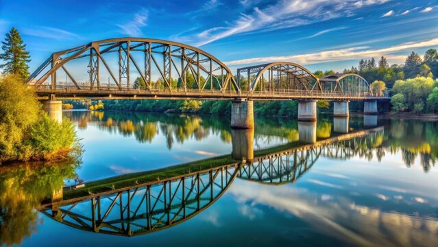 Bridge crossing the scenic Willamette River in Corvallis, Oregon, riverbank, waterway