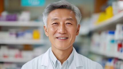 Obraz premium smiling pharmacist white coat stands confidently pharmacy, surrounded by shelves filled with various medications and health products. His warm expression conveys professionalism