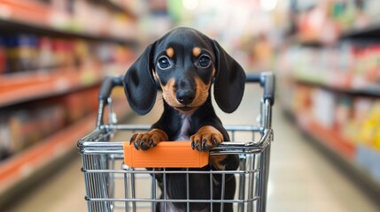 Playful puppy shopping adventure in pet store cute dog in cart captured moments