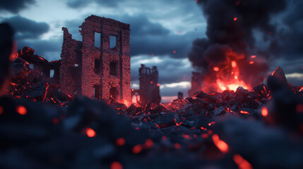 Fototapeta premium cinematic still of destroyed ruins of old building, surrounded by glowing embers and smoke, evokes sense of desolation and chaos