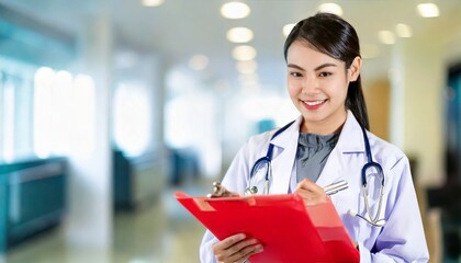 ファイルと筆記用具を持つ医療従事者の女性