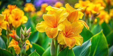 Fototapeta premium Lemon Punch Canna Lily in Full Bloom, gold, flowering plant, gold,flowering plant,canna,lily,green,lemon,plant in pot