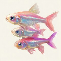 Fototapeta premium Artistic Illustration of Three Pastel-Colored Fish Swimming in Formation.