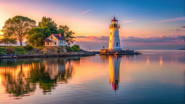 Early morning light reflecting off the calm waters of the harbor as the iconic Marblehead Lighthouse stands tall amidst a serene landscape, Light Reflections, Dawn
