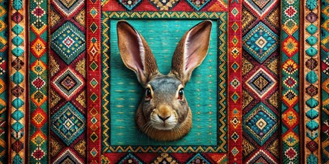 A Curious Hare Framed Against a Vibrant Tapestry of Intricate Geometric Patterns
