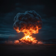 dramatic explosion creates massive mushroom cloud, with fiery orange and red flames contrasting against dark, moody sky. scene evokes sense of awe and destruction