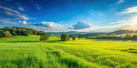 Fototapeta premium Widespread green meadow under a clear blue sky, rural landscape