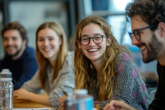 Students laughing at a table in a bustling cafe, books and notes spread out, colorful mugs and laptops scattered around, creating a lively study atmosphere.