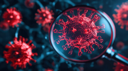 detailed illustration of glowing virus magnified under microscope, showcasing intricate structures and vibrant red colors, evokes sense of urgency and scientific exploration