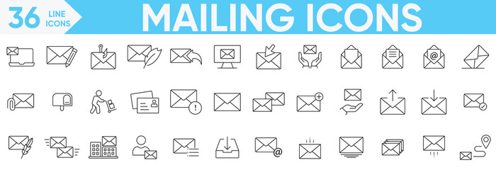 Mailing icon set.Containing mail, email, mailbox, letter, send, glyph, symbol, newsletter, envelope, email, letters, receive, post office and more.Vector and illustrator set.