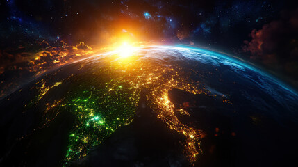 stunning view of Earth from space, showcasing vibrant city lights and glow of sunrise illuminating planet surface. image captures beauty of our world, highlighting contrast between darkness