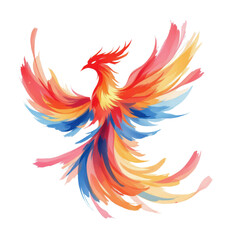Obraz premium Radiant and Majestic Phoenix Rising from Flames with Fiery Wings in a Stunning Display of Red, Orange, and Blue Hues, Isolated on Transparent and White Background