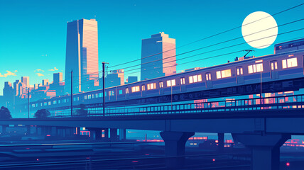 青紫の夜空に浮かぶ大きな満月と美しい都市のネオン夜景・1980年代風レトロポップアニメ調・エモーショナルでノスタルジックな都会のイラスト背景素材・夜の街並み・都会の暮らし・夜景風景