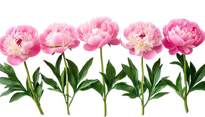 Fototapeta premium Row of Pink Peony Flowers with Green Leaves on Transparent Background,