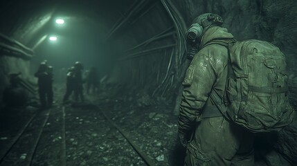 Fototapeta premium A person wearing protective gear explores an underground tunnel system