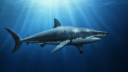 Obraz premium megalodon, shark, swimming, ocean, deep, water, marine, predator, wildlife, aquatic, nature, silhouette, streamlined, graceful, contrast, sea, animal, prehistoric, powerful, hunting, ecosystem, biolog