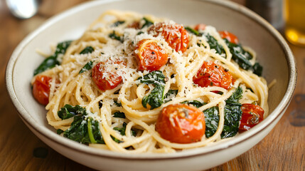 A spinach and roasted tomato pasta with garlic and parmesan cheese.