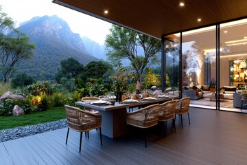 Fototapeta premium Luxurious outdoor dining area with a contemporary design overlooking a picturesque mountainous landscape and surrounded by lush greenery