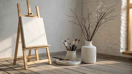 wooden easel with blank canvas stands beside vase filled with paintbrushes, creating serene and artistic atmosphere
