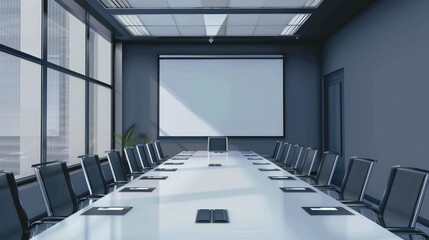 A professional meeting room with a long conference table, comfortable chairs, and a large screen for presentations.