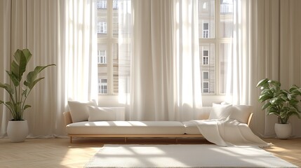 Sunlit minimalist living room with sofa and plants.