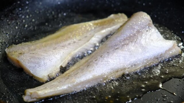 Cooking Indoors pan grilled seasoned Cod fillets on Stovetop, iron cast pan, close up boiled oil, deep fried. White meat
