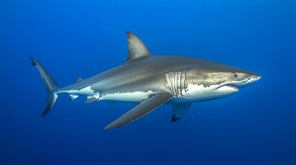 Fototapeta premium Sleek megalodon glides through deep waters, contrasting with a bulky silhouette in the background, embodying elegance and power. 