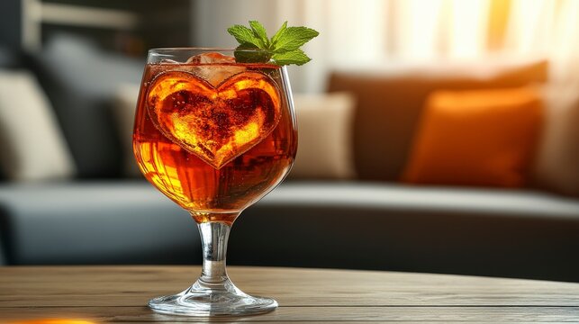 Luxury Valentine's elixir in hand-blown coupe glass with molten heart ice and heirloom mint, staged on smart home console table with parametric sofa bokeh, dual-purpose for 5-star hotel mixology tutor